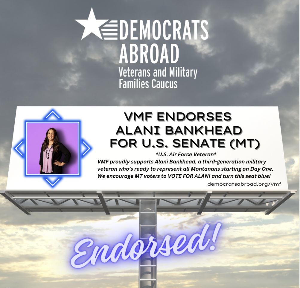 Democrats Abroad Veterans and Military Families Caucus billboard endorsing Alani Bankhead for U.S. Senate