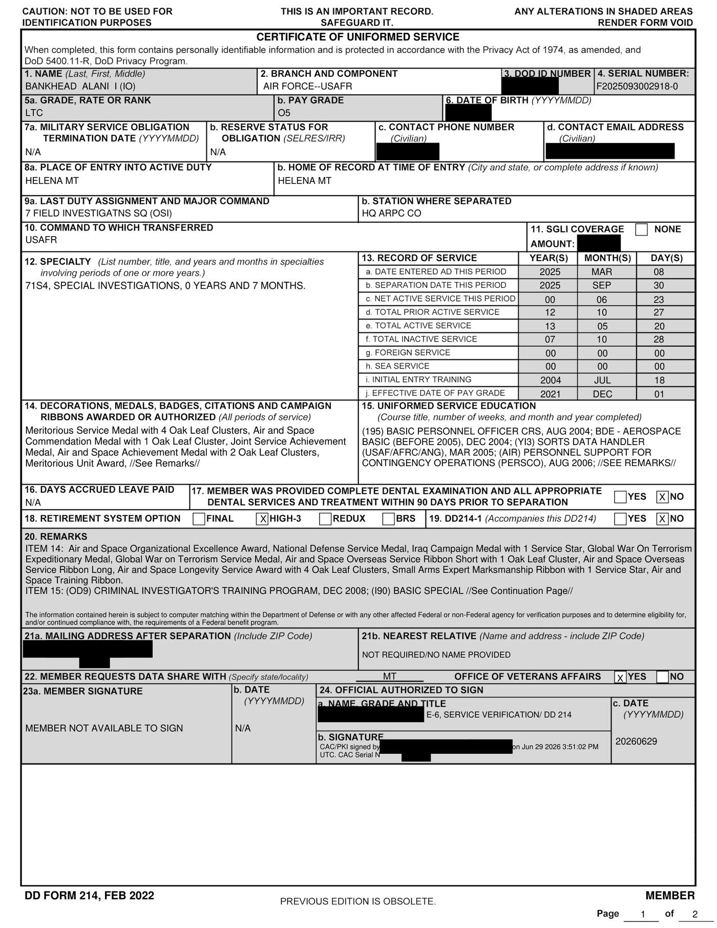 Alani Bankhead's retirement DD-214, Certificate of Uniformed Service, closing out 30 September 2025.