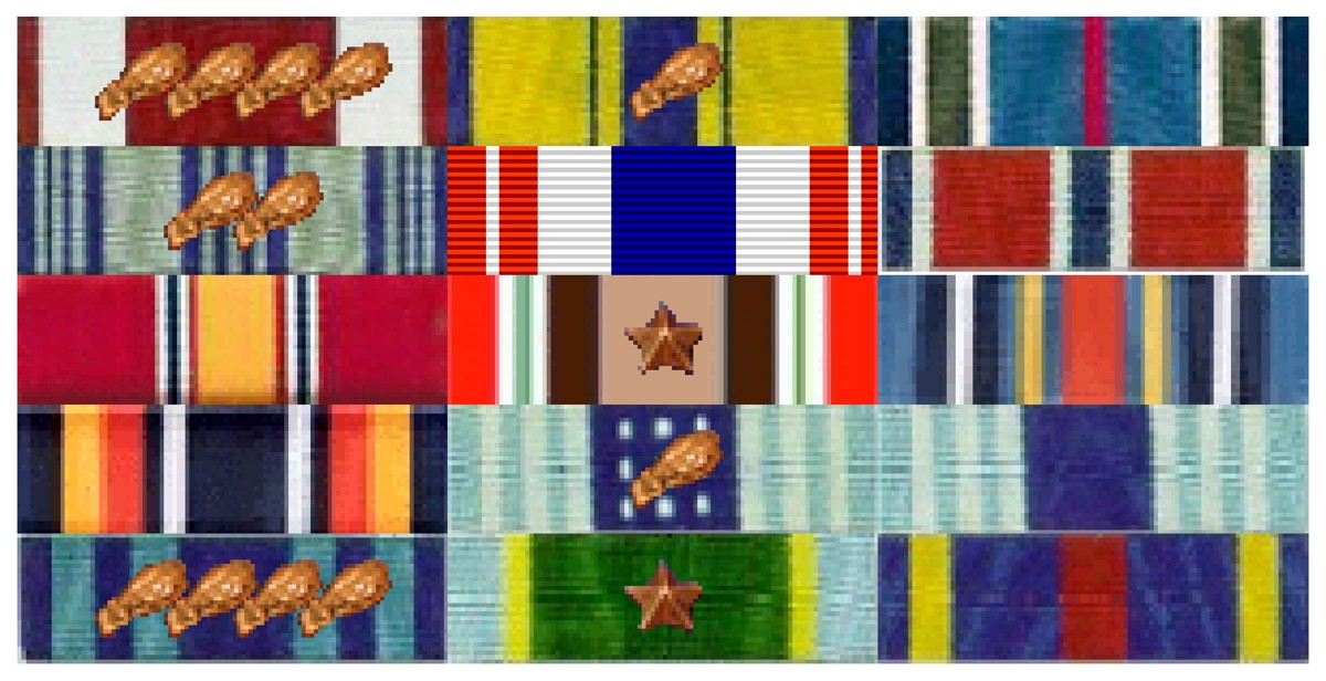 Lieutenant Colonel Bankhead's ribbon rack, showing fifteen awards and decorations in order of precedence.